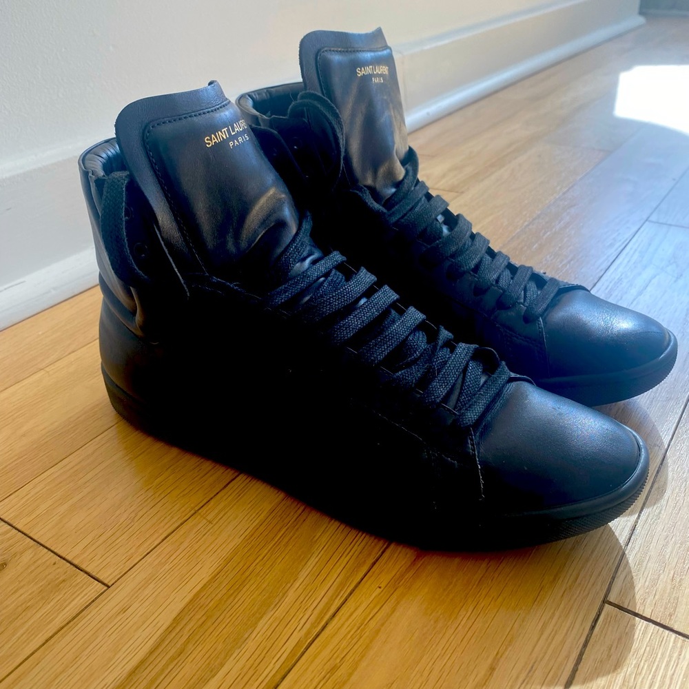 Black leather YSL high top sneakers